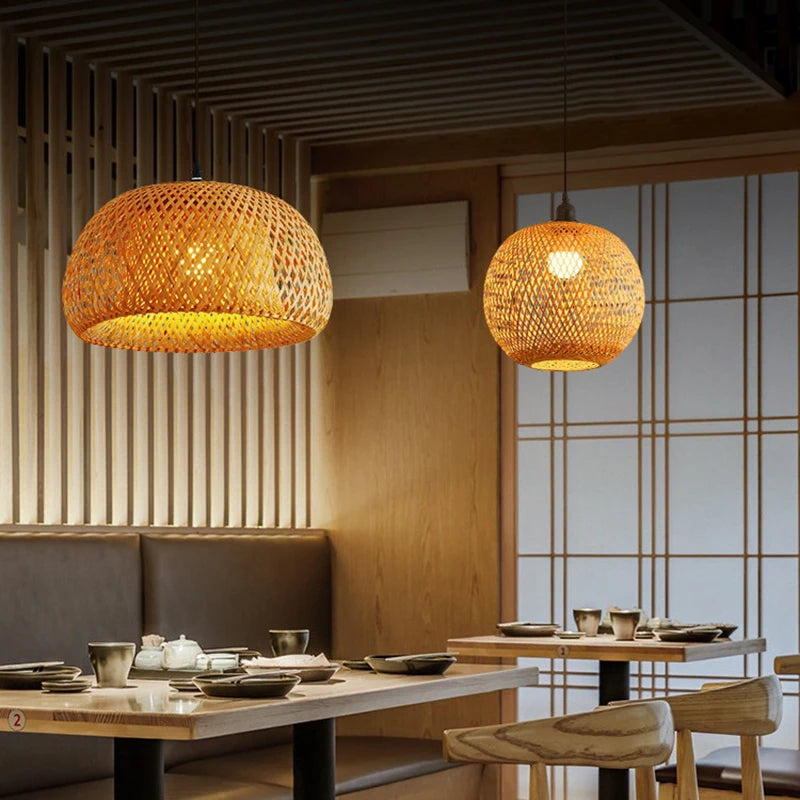 Molden Bamboo Lantern Pendant Light Natural Rattan E27 LED Chandeliers