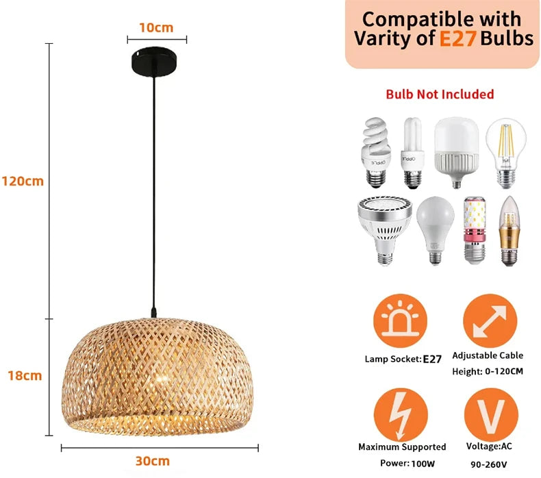 Molden Bamboo Lantern Pendant Light Natural Rattan E27 LED Chandeliers