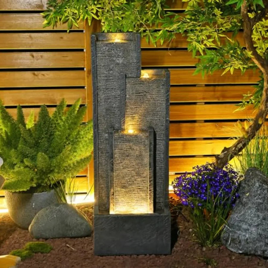 Outdoor Water Fountain With Lights Cascading Waterfall Resin Garden Patio