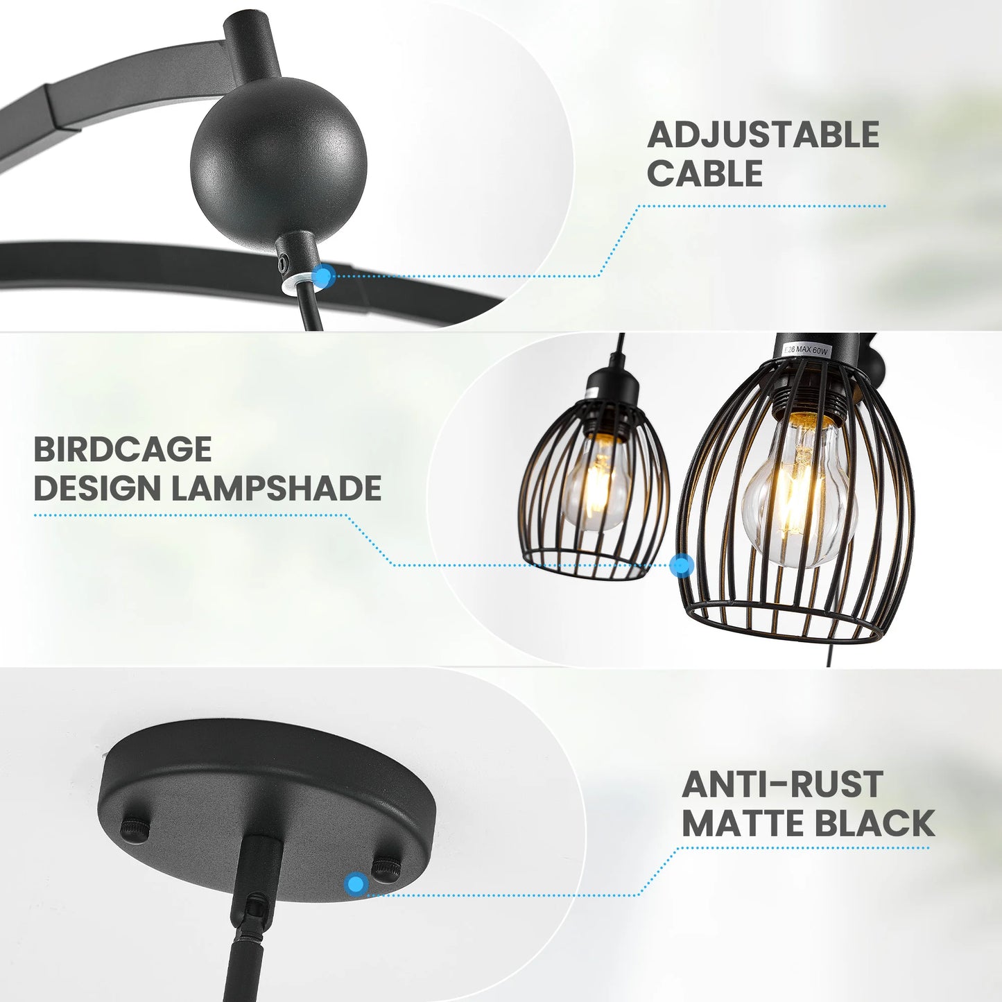 Modern Contemporary Lighting Industrial Adjustable Farmhouse Chandelier Unique Metal Cage with Black Rope Pendant Light Fixture