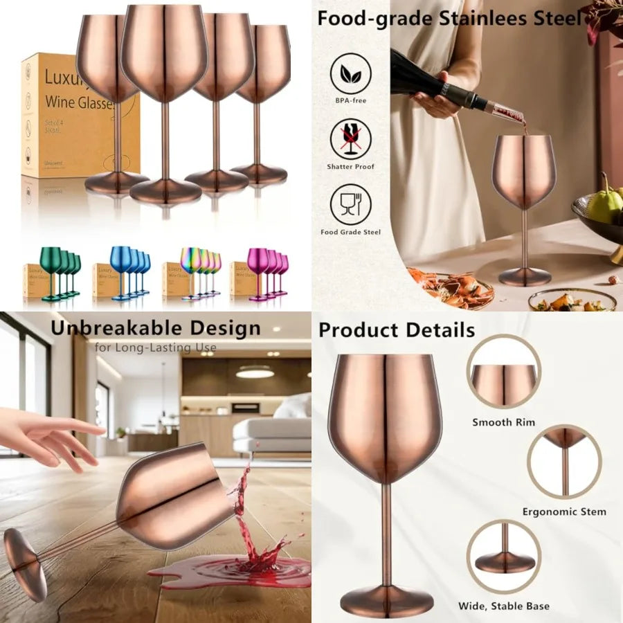 Stainless Steel Wine Glasses Set of 4 Unbreakable Goblets Outdoor