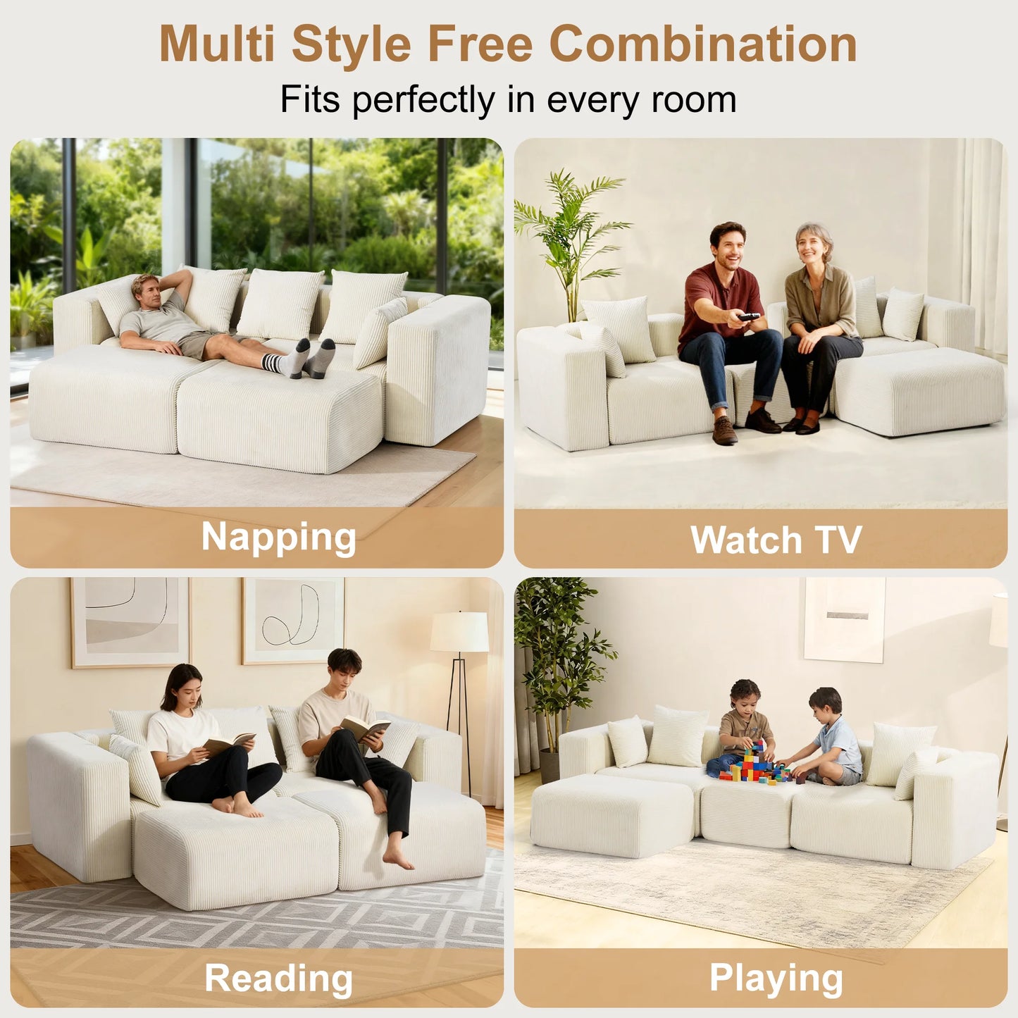 117” Boneless Sofa, Cloud Couch with Deep Seat, Comfy Corduroy Modular Sectional Couch,Memory Foam,No Assembly,For Living Room